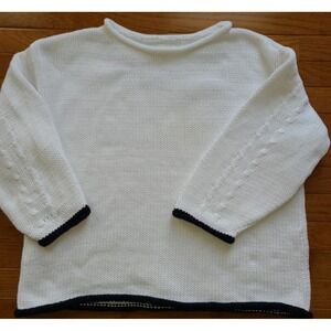 LOU & GREY Sweater M Chunky Rolled Neck 3/4‎ Sleeve Cotton Blend White Navy Trim